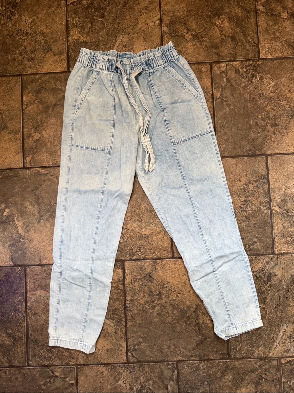 aerie Light Wash Drawstring Boyfriend Jeans with Patch Pockets